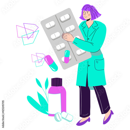 Pharmacist or doctor female cartoon character offering medications. Drugstore and pharmacy industry worker, flat vector illustration isolated on white background.