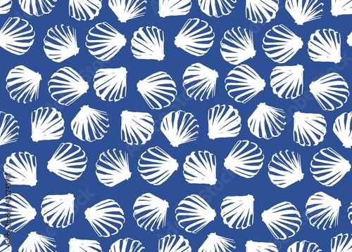 Seamless blue shell pattern. Monochrome vector for printing on fabric and paper