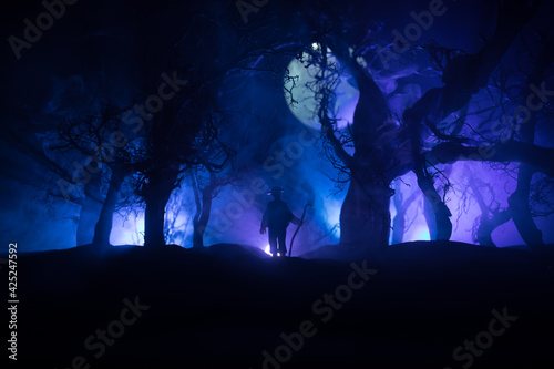 Silhouette of person standing in the dark forest. Horror halloween concept. strange silhouette in a dark spooky forest at night