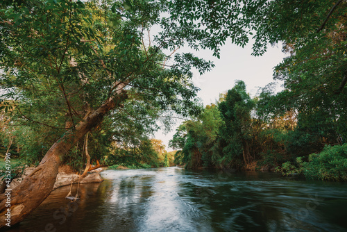 Fototapeta Naklejka Na Ścianę i Meble -  beautiful blue sky lake view high peak jungle mountains green river forest at Kaeng Krachan dam National Park, Phetchaburi, Thailand.