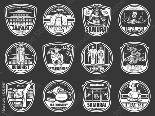 Japanese culture, tradition and national landmarks, vector Japan travel icons. Japanese traditional kimono and Buddhist temple, Kabuki theater and dragon festival, samurai and Yabusame festival symbol
