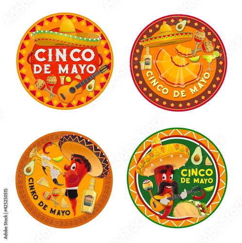 Mexican Cinco de Mayo chilli pepper characters, vector fiesta party design. Cinco de Mayo holiday sombrero hats, mariachi guitars, maracas and tequila, red jalapeno, taco and nachos