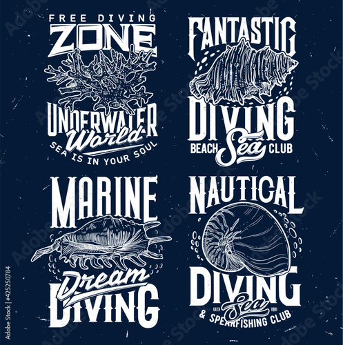 Tshirt print with sketch sea shells and corals for apparel design. vector labels with conch and typography. Engraved t shirt prints or emblem for marine diving club or nautical sport team isolated set