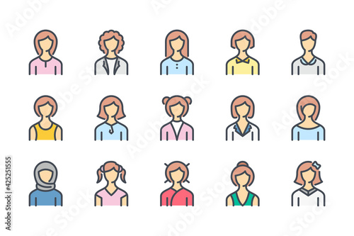 Woman face avatar color line icon set. Different female profile pictures linear icons. Portrait of girls and women with hair and clothing variations colorful outline vector sign collection.