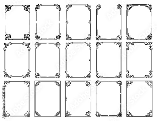 Floral frames with vintage borders of vector flower ornaments and filigree corners with black patterns of victorian flourishes, leaf scrolls and royal lilies. Decorative elements of wedding cards