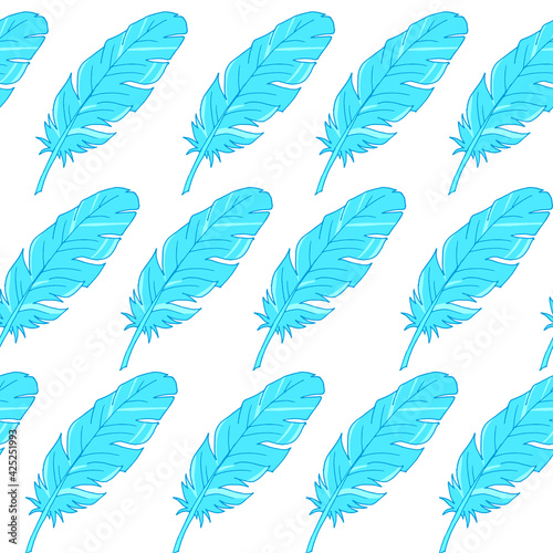Seamless background with feathers. The pattern is seamless. Vector illustration. Hand-drawn. Lots of feathers. Stock vector illustration. Blue feather in a row.