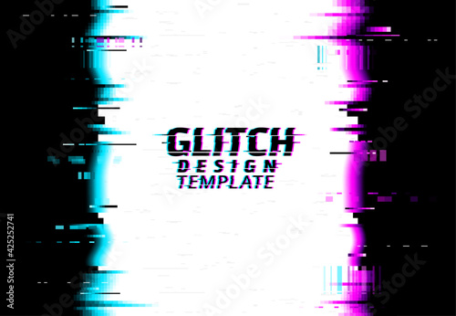 Glitch on screen, video signal error design effect template. Internet connection loss problem, digital data damage artifacts and computer monitor or TV screen failure vector background
