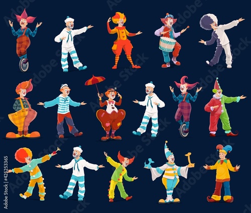 Clown and joker cartoon characters of circus and carnival show vector design. Jesters, comedian actors and mimes with funny faces, costumes and shoes, red noses, hats and balloons, umbrella, unicycle