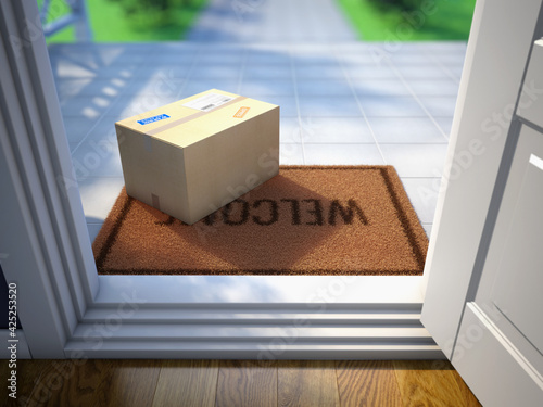 Cardboard parcel box delivered outside the door. Parcel on the door mat near entrance door. Online purchase delivery concept. 3d rendering