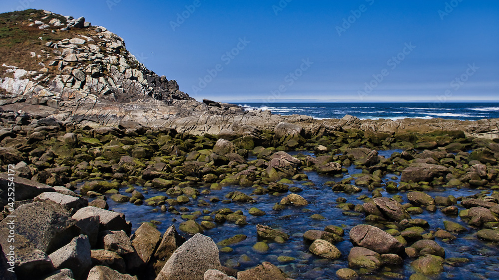 Φωτογραφία Costa durante la bajamar (low tide) en una playa con guijarros y agua azul en las Islas Cies, Galicia, España