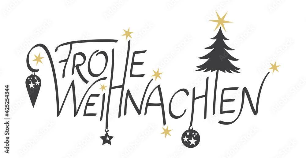 Frohe Weihnachten Schriftzug Text dekorativ, Kalligrafie mit Sternen