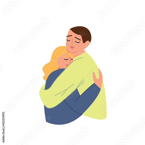 Cartoon guy and girl hugging. Support a friend in a difficult moment. Hand-drawn by a sad woman with a mental disorder. Fear, loss, sadness. Colorful vector illustration on isolated white background.