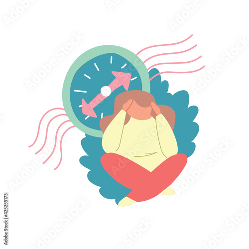 A cartoon woman sits next to the clock. The female reproductive system. Hormonal failure. The concept of menopause. Colorful vector illustration on a white isolated background.