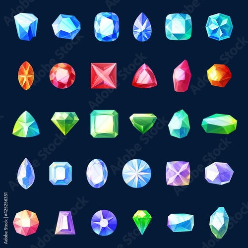 Gem and jewel vector icons of cartoon game ui or user interface design. Gemstones, precious stones and crystals, isolated diamonds or brilliants, emerald, ruby and sapphire, amethyst and aquamarine