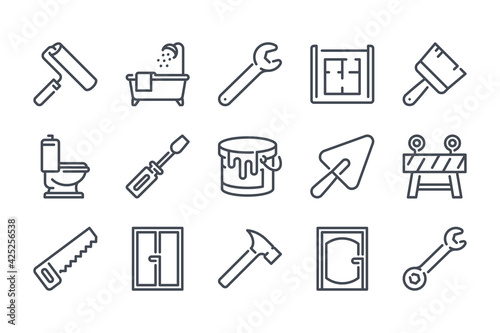 Renovation and home repair line icon set. Building tools and equipment linear icons. Construction site and house improvement outline vector sign collection.