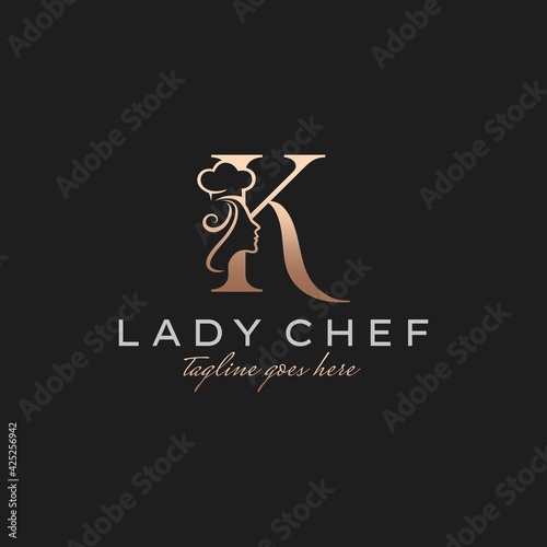 Letter K Lady Chef, Initial Beauty Cook Logo Design Vector