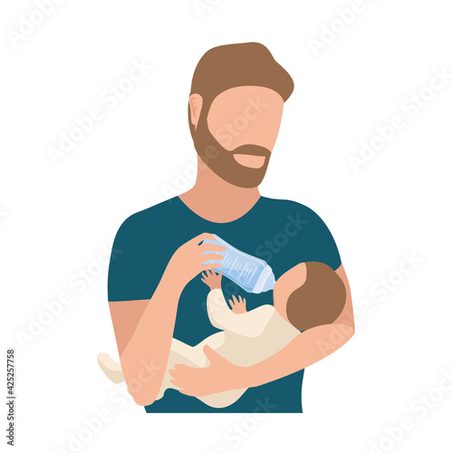 Happy young dad is bottle feeding the baby. Happiness of fatherhood, father's day, happy childhood, vector illustration isolated on white background.