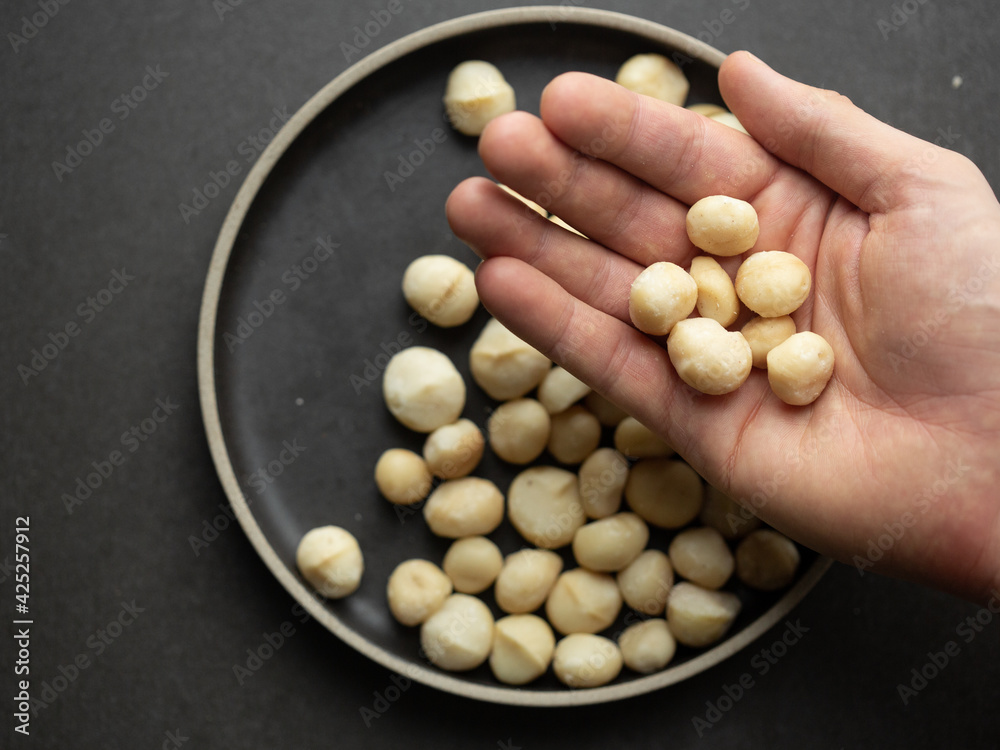 Macadamia nuts in a hand. Small macadamia portion size. healthy vegan nut snack. Macadamia nuts in a hand. Small macadamia portion size. healthy vegan nut snack.