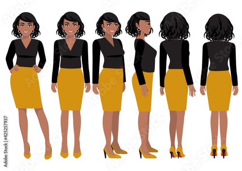 Cartoon character with African American business woman in casual wear for animation. Front, side, back, 3-4 view character. Flat vector illustration