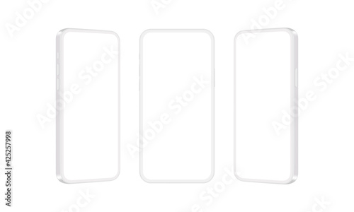 Clay Mobile Phones Mockups Isolated on White Background, Front and Side View. Vector Illustration