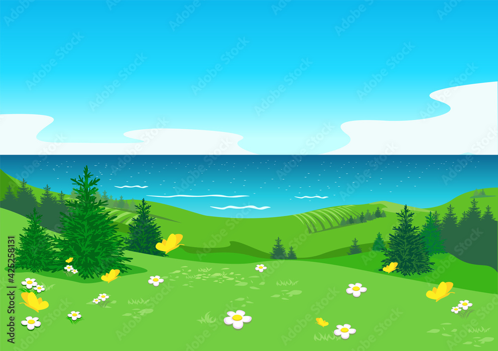 Fototapeta premium Vector illustration of a beautiful summer landscape with a panoramic view from a blooming mountain to the sea