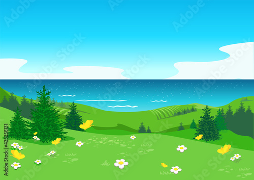 Vector illustration of a beautiful summer landscape with a panoramic view from a blooming mountain to the sea