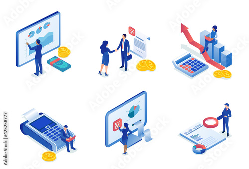 Vector of businesspeople conducting financial audit,  budget planning finance accounting services.