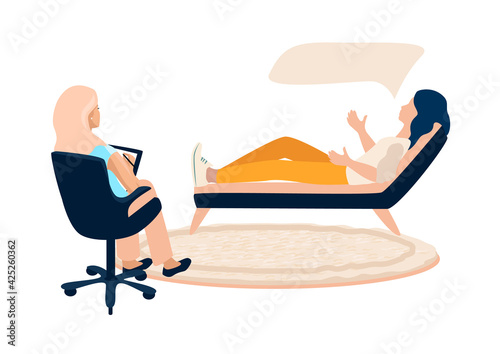 This girl lies on the sofa in the psychologist's office and talks about her experiences and problems vector illustration isolated on a white background