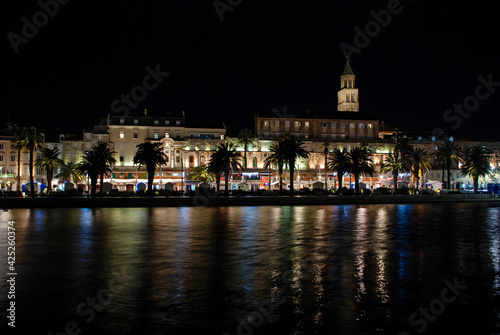 Old town of Split by night, Dalmatia, Croatia. Panorama. Palace of Diocletian, Riva promenade, Bell tower and Cathedral of Saint Domnius.  © Ajdin Kamber