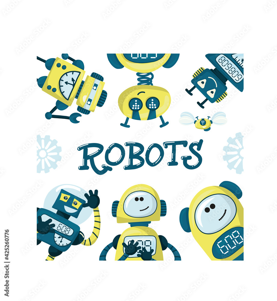 Set of happy funny cartoon childish robots wave hand, say hello. Cute kid cyborgs, retro, futuristic modern bots, smiling characters in flat vector illustration isolated on white background.