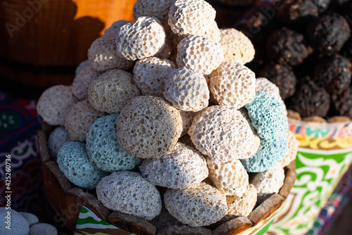 Pumice. Selective focus. Colorful pumice stone on a street market in Egypt.