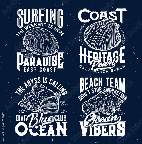 Tshirt print with ocean shells, vector sketch emblems for apparel design. Isolated labels with sea conch and typography . Hand drawn t shirt prints for surfing, snorkeling or diving club sport team