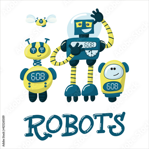 Set of happy funny cartoon childish robots wave hand  say hello. Cute kid cyborgs  retro  futuristic modern bots  smiling characters in flat vector illustration isolated on white background.