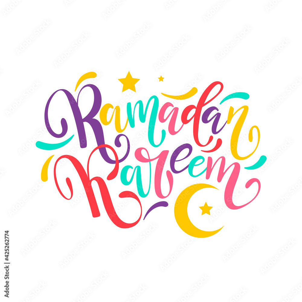 Ramadan Kareem colorful hand drawn lettering with moon and stars, vector illustration Ramadan Kareem colorful hand drawn lettering with moon and stars, vector illustration