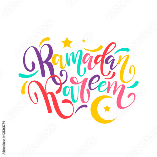Ramadan Kareem colorful hand drawn lettering with moon and stars  vector illustration