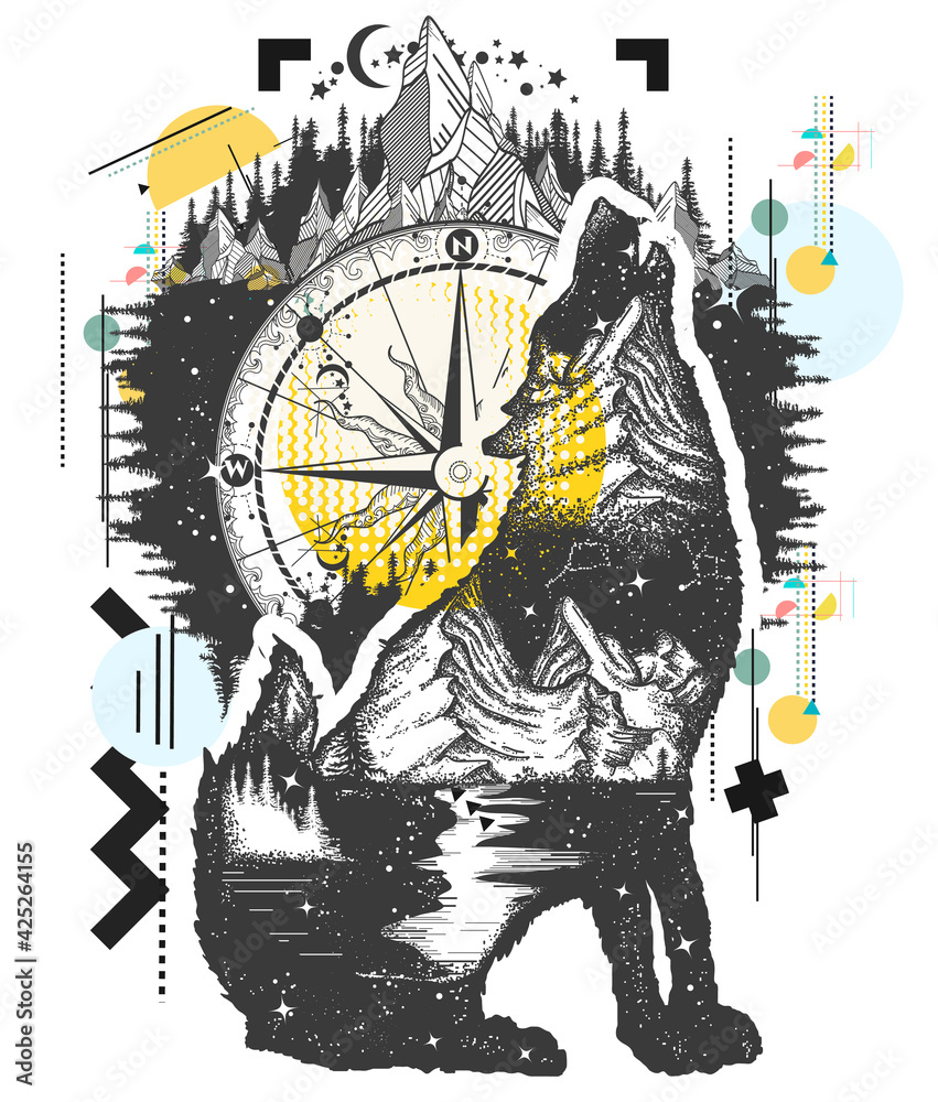 Obraz premium Wolf and mountains double exposure. Symbol of tourism, travel, adventure and outdoor. Zine culture concept. Hand drawn vector glitch tattoo, contemporary cyberpunk collage. Vaporwave art