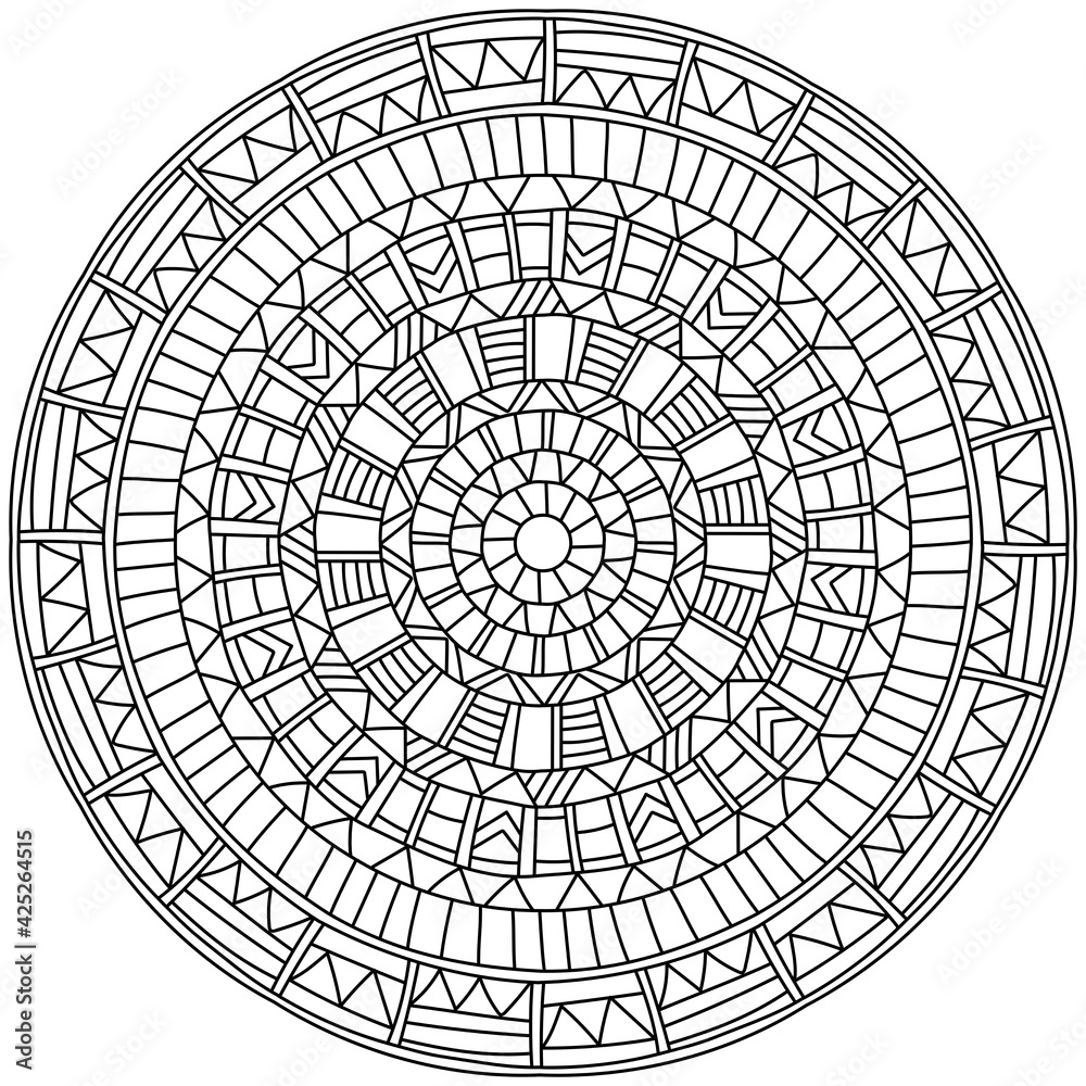 Obraz premium Contour mandala with many linear geometric patterns, zen coloring page for creativity