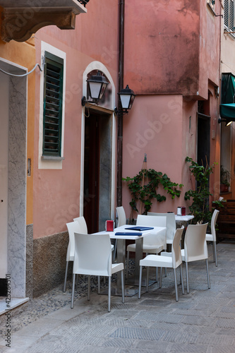 Street cafe in the center of Monterosso, Cinque Terre. Liguria, Italy