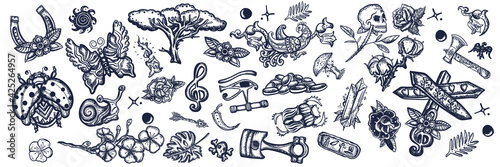 Tattoo collection. Big set for design. Old school elements, tattooing style