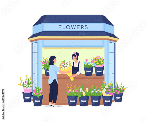 Florist selling flowers to customer flat color vector detailed character. Buying romantic gift. Women at bouquet kiosk isolated cartoon illustration for web graphic design and animation