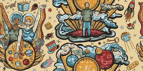 Exploration of Mars planet. Universe and people. Retro background. Space program. Multicultural study of deep space. Astronaut, dreamer and women scientists. Soviet Union mosaic pattern