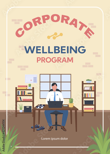 Corporate wellbeing program poster flat vector template. Manager at desk. Employee health. Brochure, booklet one page concept design with cartoon characters. Workplace workout flyer, leaflet