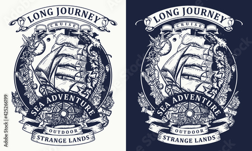 Pirate ship goes by storm. Sail boat and sea hurricane. Symbol of light and darkness, life and death, hope and despair, joy and grief. Compass and boat.Template for clothes, poster, t-shirt design