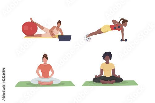 Women exercising flat color vector faceless character set. African american girl meditating, Workplace workout isolated cartoon illustration for web graphic design and animation collection