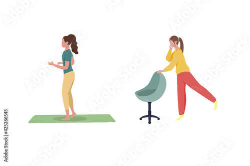 Female freelancer exercising flat color vector faceless character set. Girl talk on phone. Woman stretching isolated cartoon illustration for web graphic design and animation collection