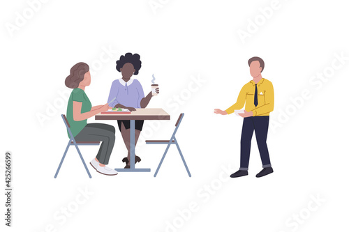 Employees on lunch break flat color vector faceless character set. Corporate workers eating dinner. Woman and man isolated cartoon illustration for web graphic design and animation collection