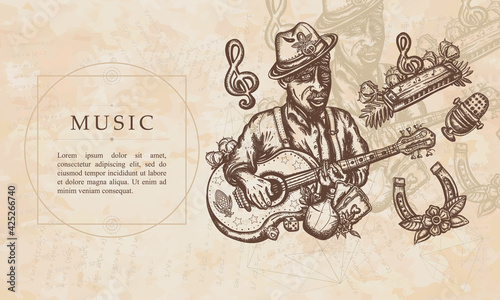 Music. Elderly Afro American bluesman playing slide guitar. Renaissance musical background. Medieval manuscript, engraving art