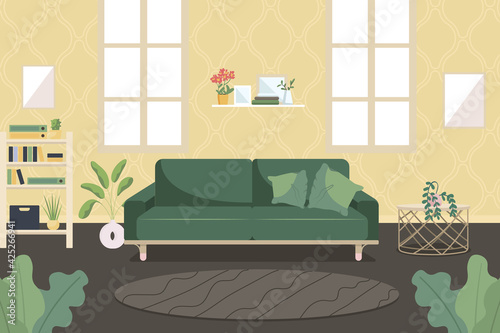 Living room flat color vector illustration. Modern apartment with comfortable couch. Sofa near bookshelves. Home with furniture. Contemporary household 2D cartoon interior with windows on background