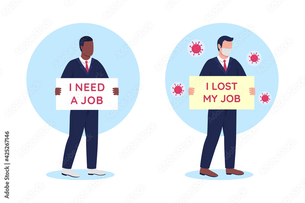 Jobless people with cardboard signs flat concept vector illustration set. Discharge from work. Fired men 2D cartoon character for web design. Unemployment problem creative idea collection Jobless people with cardboard signs flat concept vector illustration set. Discharge from work. Fired men 2D cartoon character for web design. Unemployment problem creative idea collection