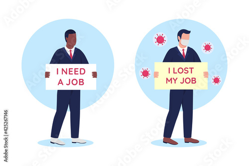 Jobless people with cardboard signs flat concept vector illustration set. Discharge from work. Fired men 2D cartoon character for web design. Unemployment problem creative idea collection